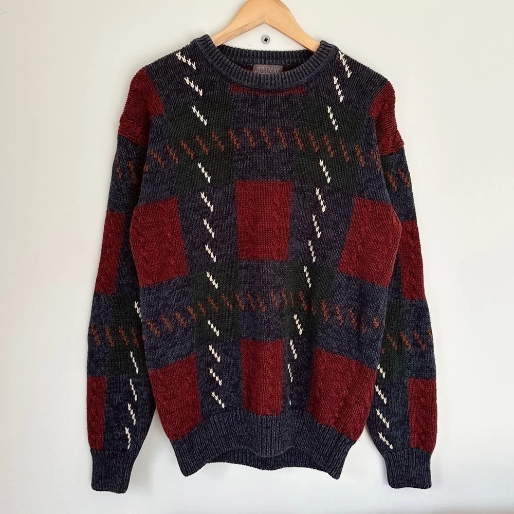 Vintage chenille knit crew neck sweater - 80’s - multi-coloured - Oversized M
